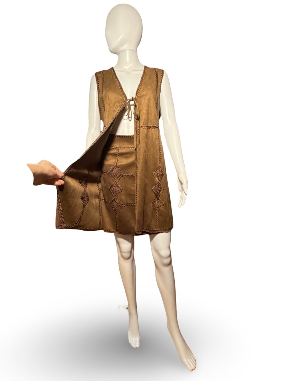 Zara Woman Faux Suede Boho Embroidered Vest & Mini Skirt Set, S